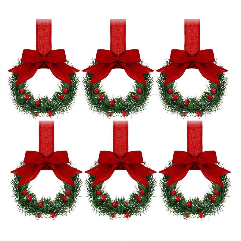 Mini Christmas Window Wreaths, Set of Six with Ribbon Bow, Glittering Festive Decor for Home Office Shop, Easy Hang Installation for Holiday Party Decoration. (Red) - Image 1